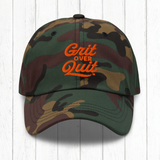 Grit Over Quit Stacked Script Camo Dad hat